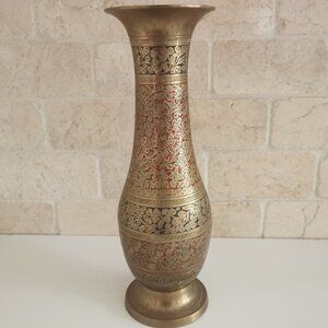 Vintage Etched Brass Vase 12" Indian Handpainted Blue Red Accents Floral Vines